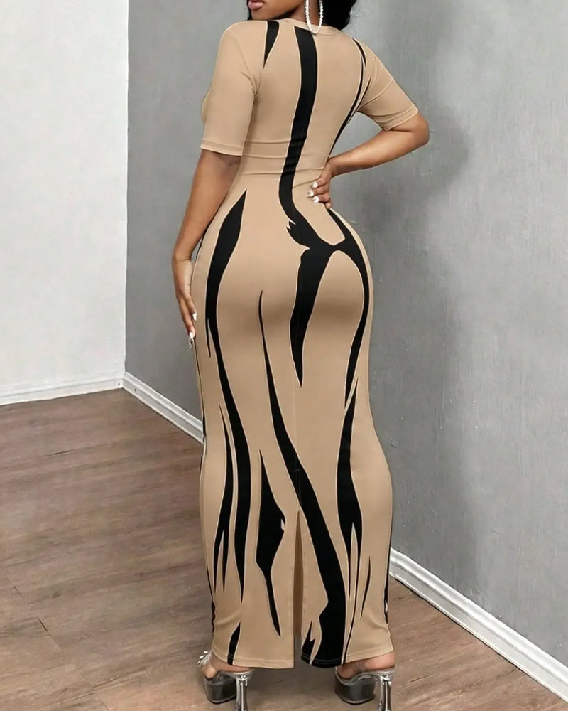 Vionia - V-Neck Striped Fitted Dress
