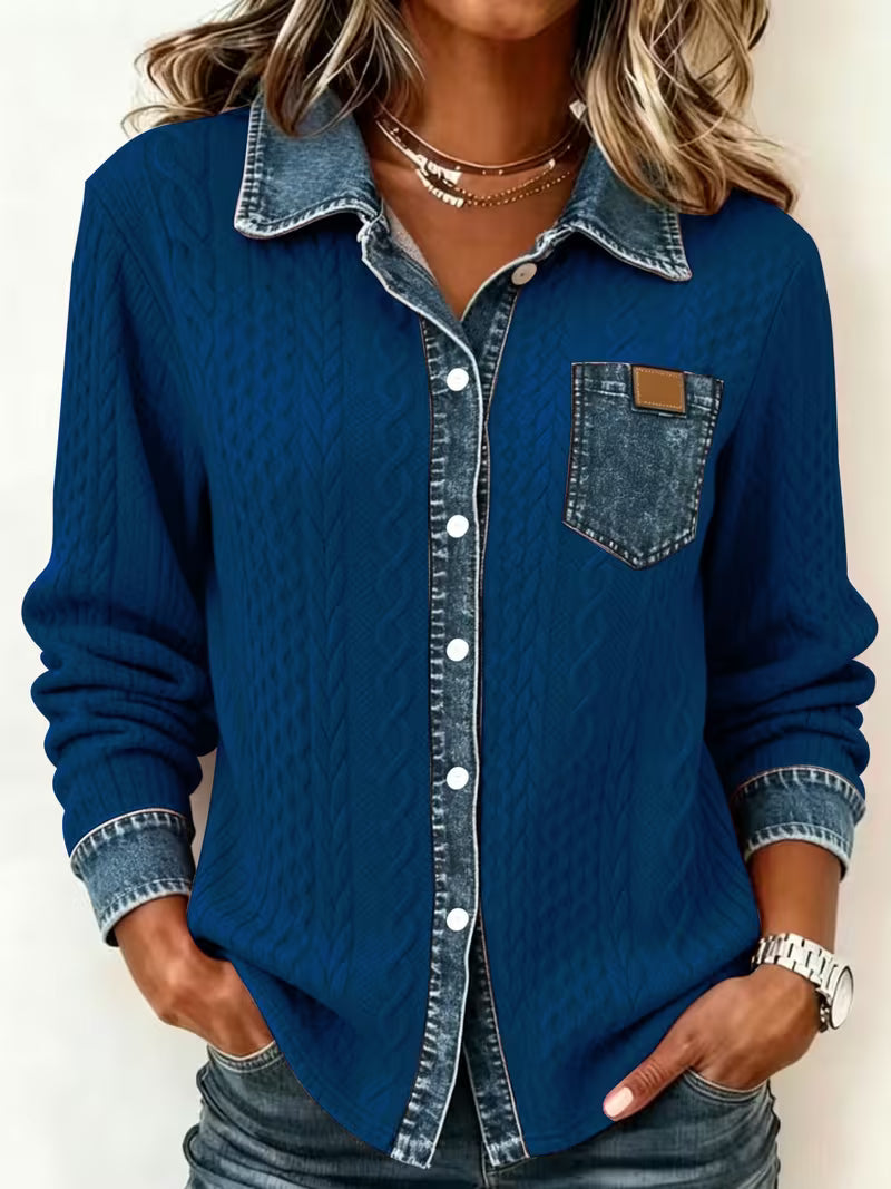 Isolaruya - Long Sleeve Cable Knit Shirt with Denim Collar