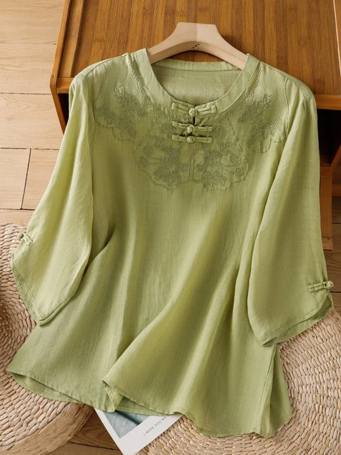 Nozilia - Cotton And Linen Floral Print Top