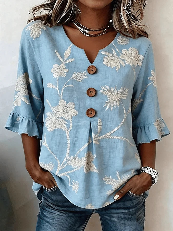 Bisila - Floral Ebroidered Shirt With Ruffle Sleeves