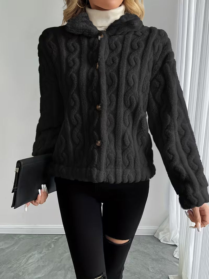 Rosaella - Cable Textured Fuzzy Teddy Jacket