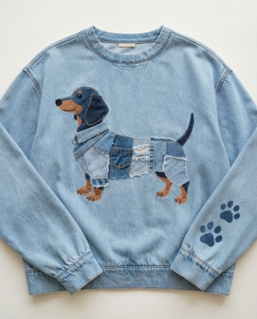 Celini - Denim Sweatshirt with Dachshund Motif