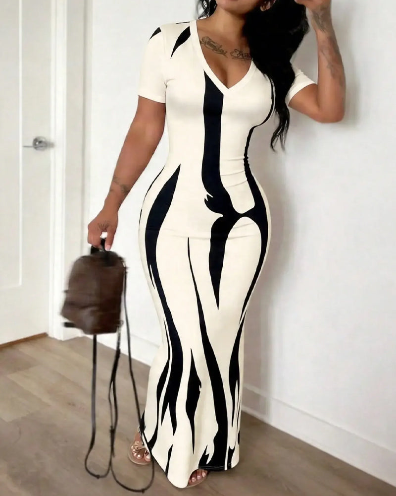 Vionia - V-Neck Striped Fitted Dress