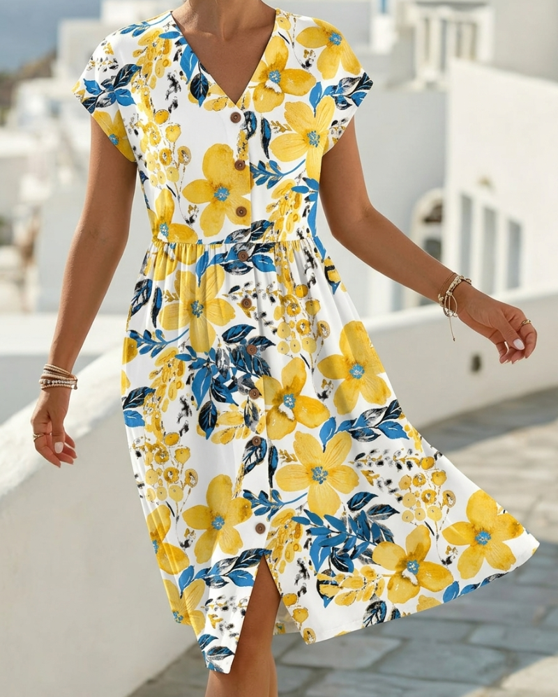 Sinera - Floral Print Dress With Short Sleeves