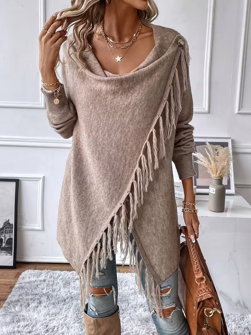 Theoaula - Draped Neck Cardigan With Fringed Trim