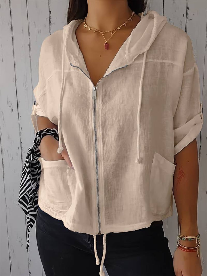 Senushi - Short Sleeve Loose Hooded With Zippered