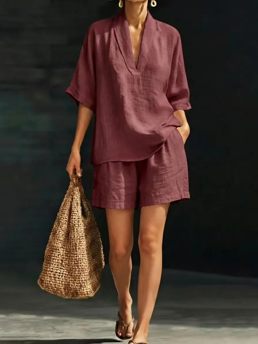 Silvani - Casual Cotton V-Neck Top And Short Set