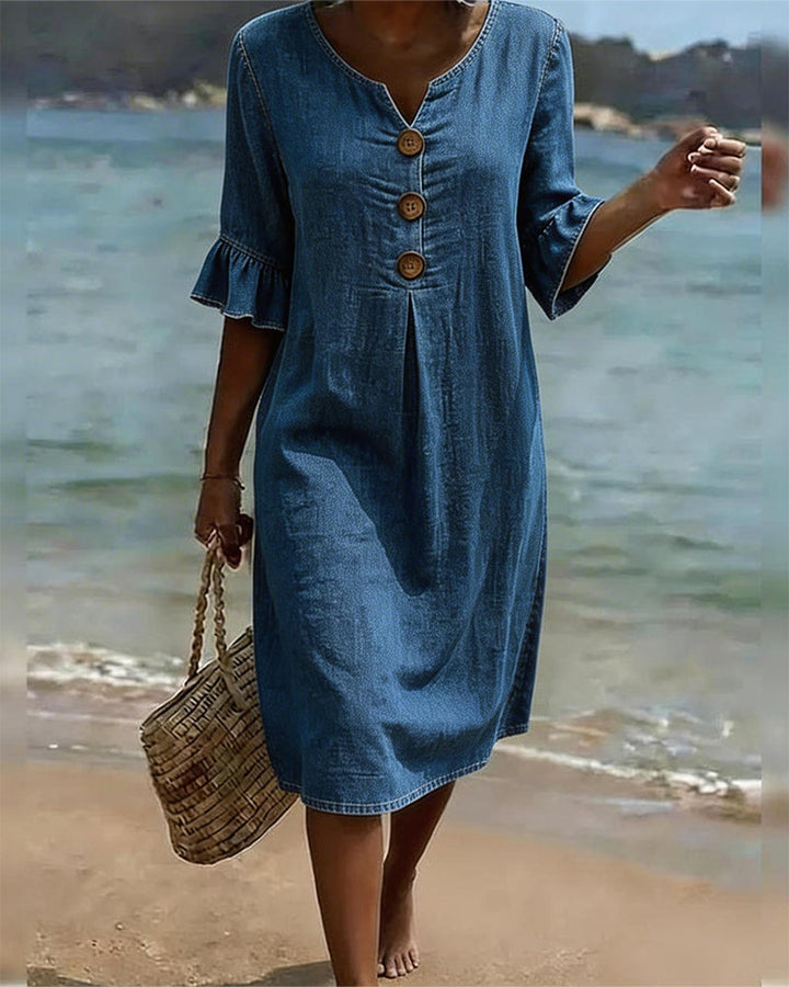 Fammke - Leaf Dress With Denim Sleeves
