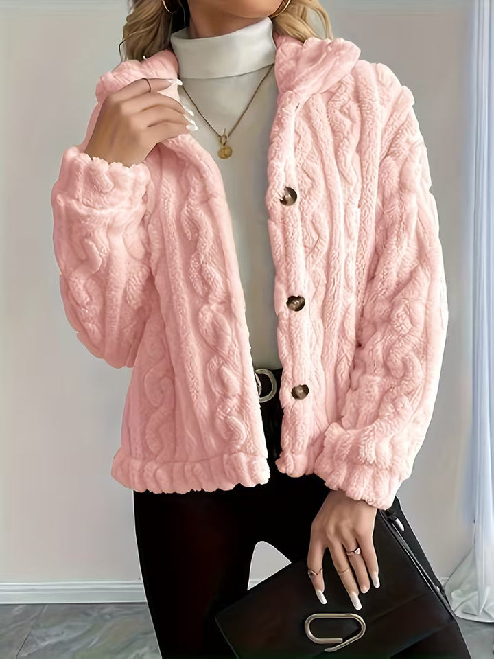 Rosaella - Cable Textured Fuzzy Teddy Jacket