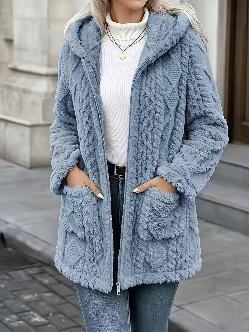 Zanea - Double Sided Plush Zip-Up Hooded Cardigan