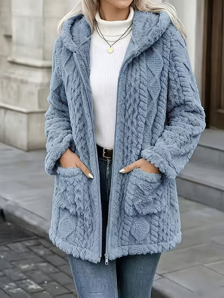 Zanea - Double Sided Plush Zip-Up Hooded Cardigan