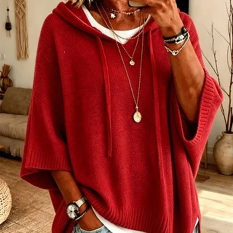 Oriaette - Oversized Knit Hoodie With Drawstring