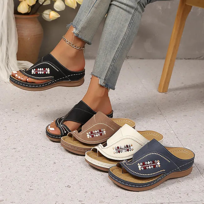 Jacky - Embroidered Toe Loop Wedge Sandals
