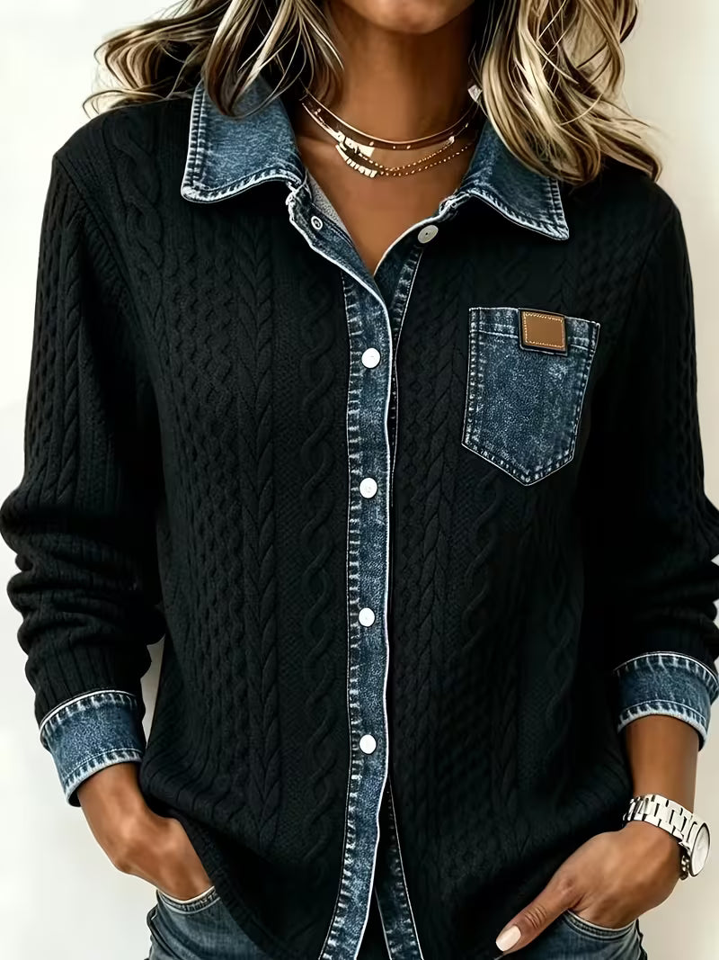 Isolaruya - Long Sleeve Cable Knit Shirt with Denim Collar
