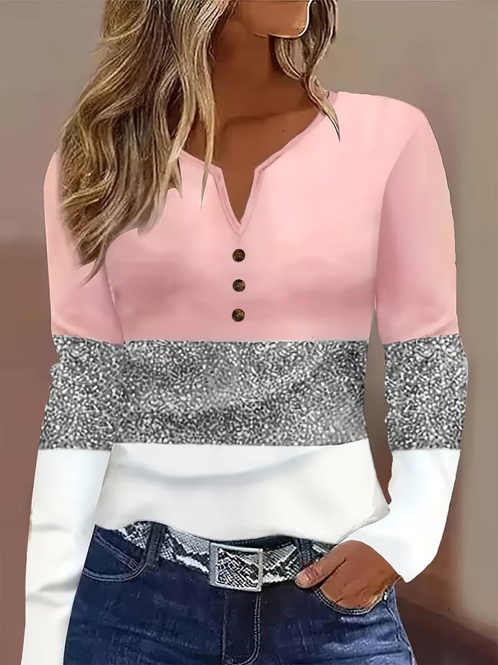 Milira - Color Block Glitter Panel Long Sleeve Top