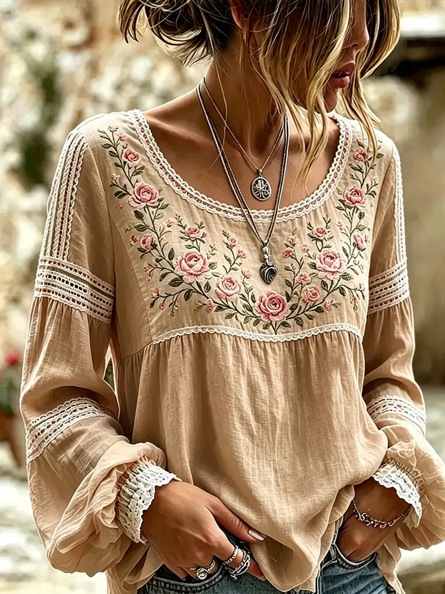 Esraa - Linen Blouse With Embroidered Floral Neck