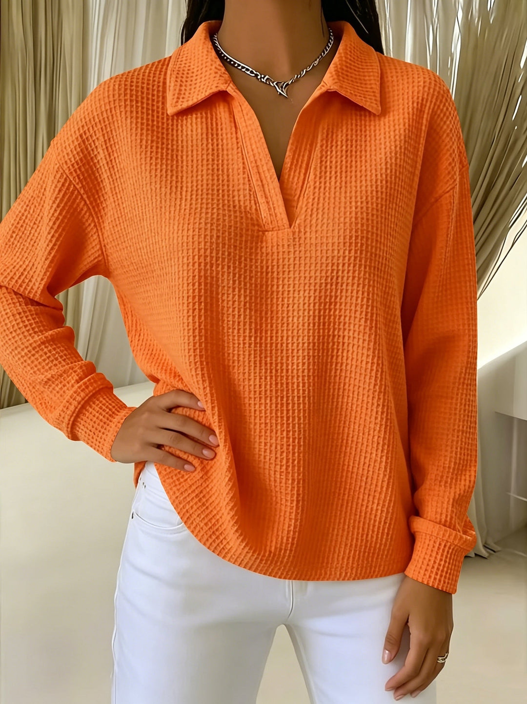 Imogelura - Elegant Waffle Polo Collar Shirt