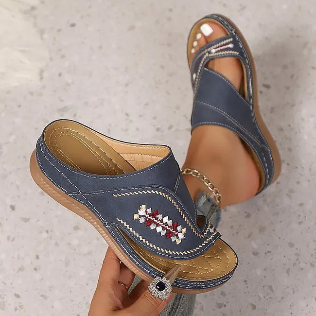 Jacky - Embroidered Toe Loop Wedge Sandals