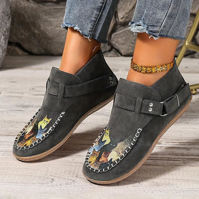 Corelle - Cat Print Flat Ankle Boots with Buckle