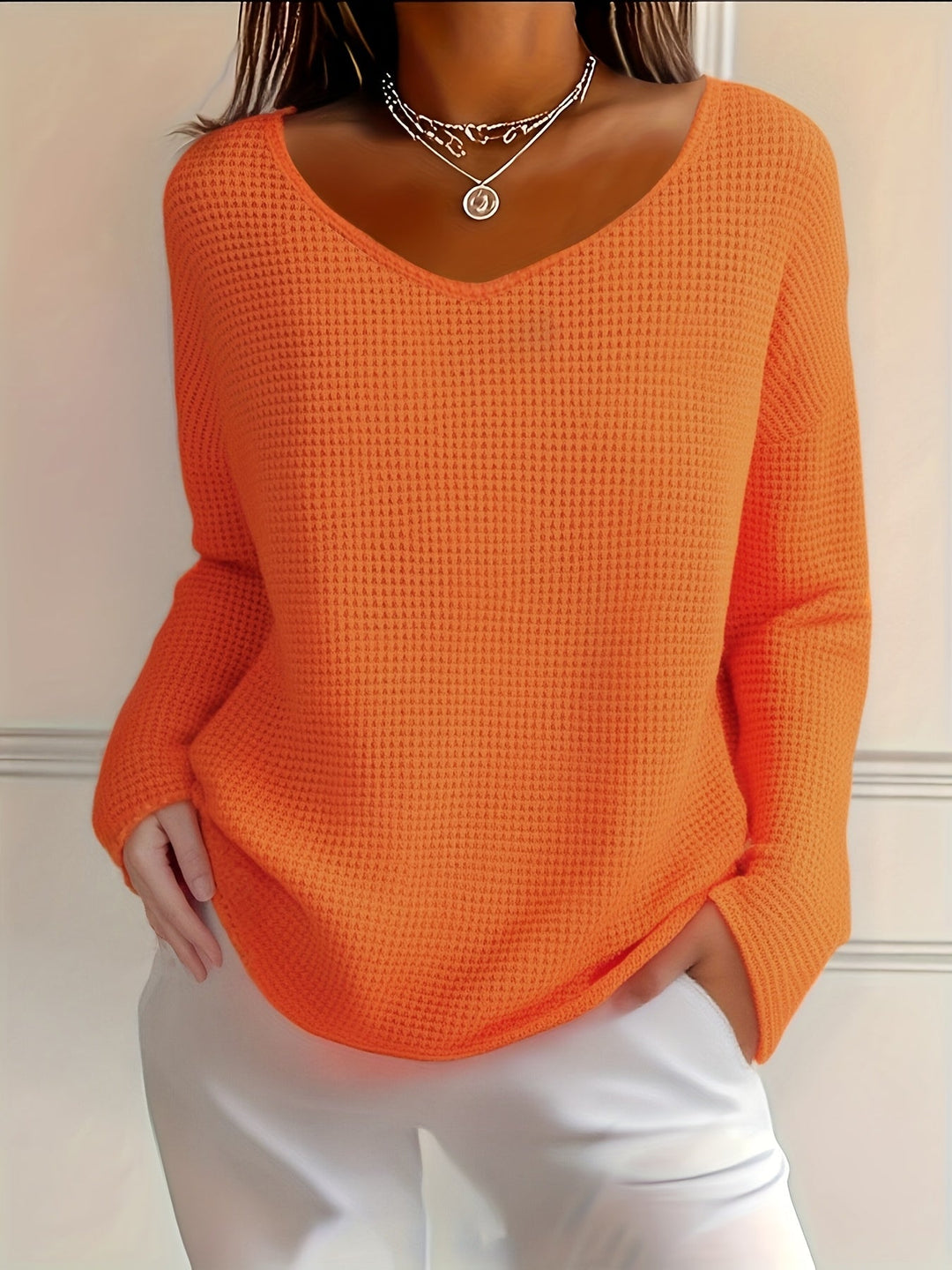 Aveliea - Waffle Long Sleeve V-Neck Shirt