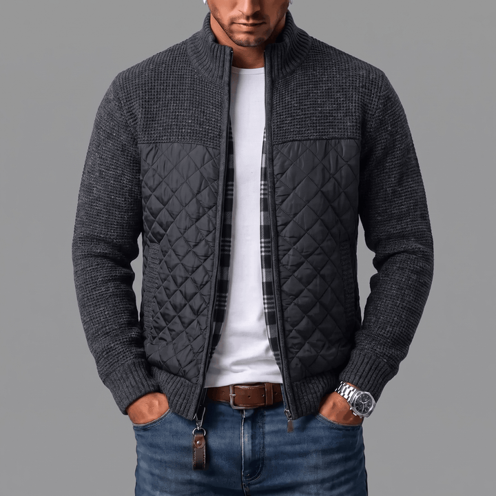 Spectorwave - Quilted Panel Full-Zip Knit Cardigan