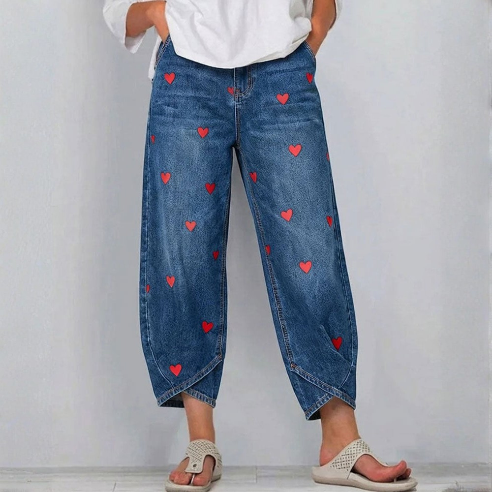 Raemaa - Ankle Length Denim Trousers With Heart Print
