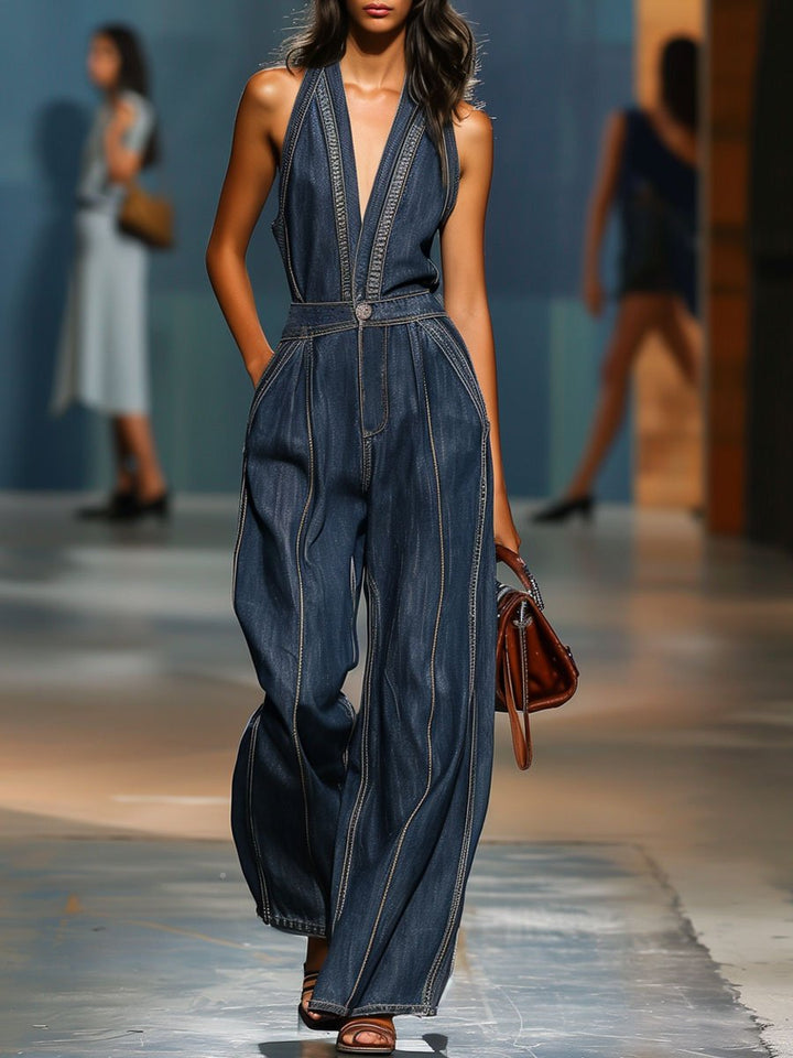 Bresaluza - Retro Sleeveless Denim Jumpsuit