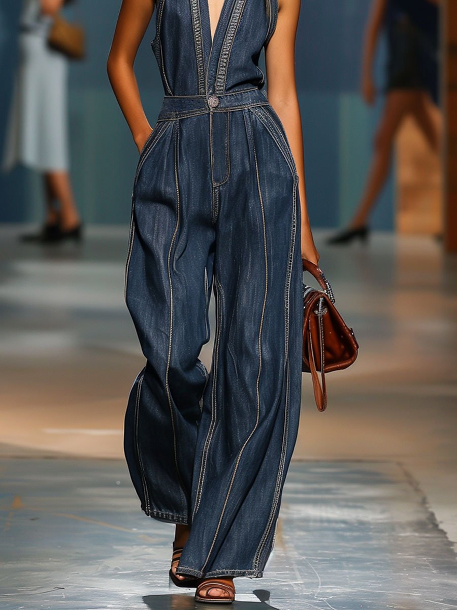 Bresaluza - Retro Sleeveless Denim Jumpsuit
