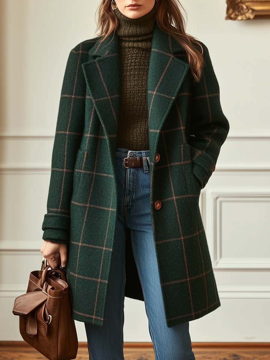 Signinida - Classic Plaid Coat With Lapel Collar