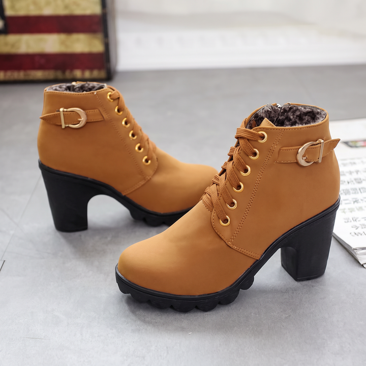 Belanova - Lace-Up Buckle Chunky Heel Ankle Boots