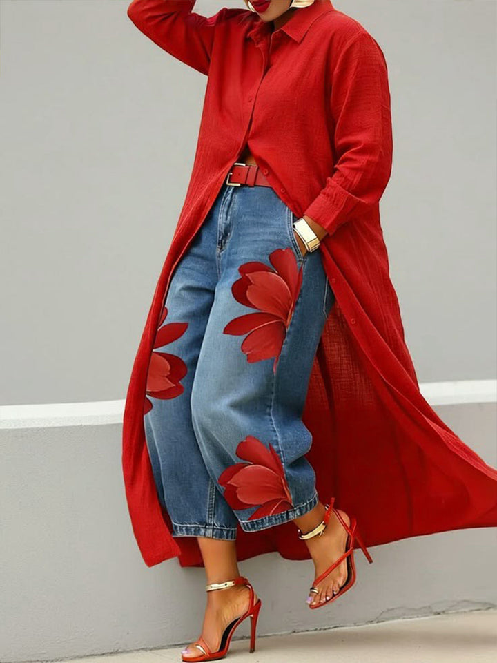 Sherena - Linen Dress And Floral Denim