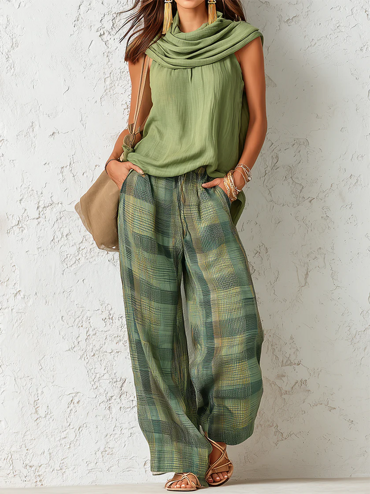 Nidya - Sage Breeze Sleeveless Top & Plaid Wide-Leg Pants Set