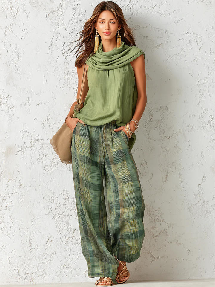 Nidya - Sage Breeze Sleeveless Top & Plaid Wide-Leg Pants Set