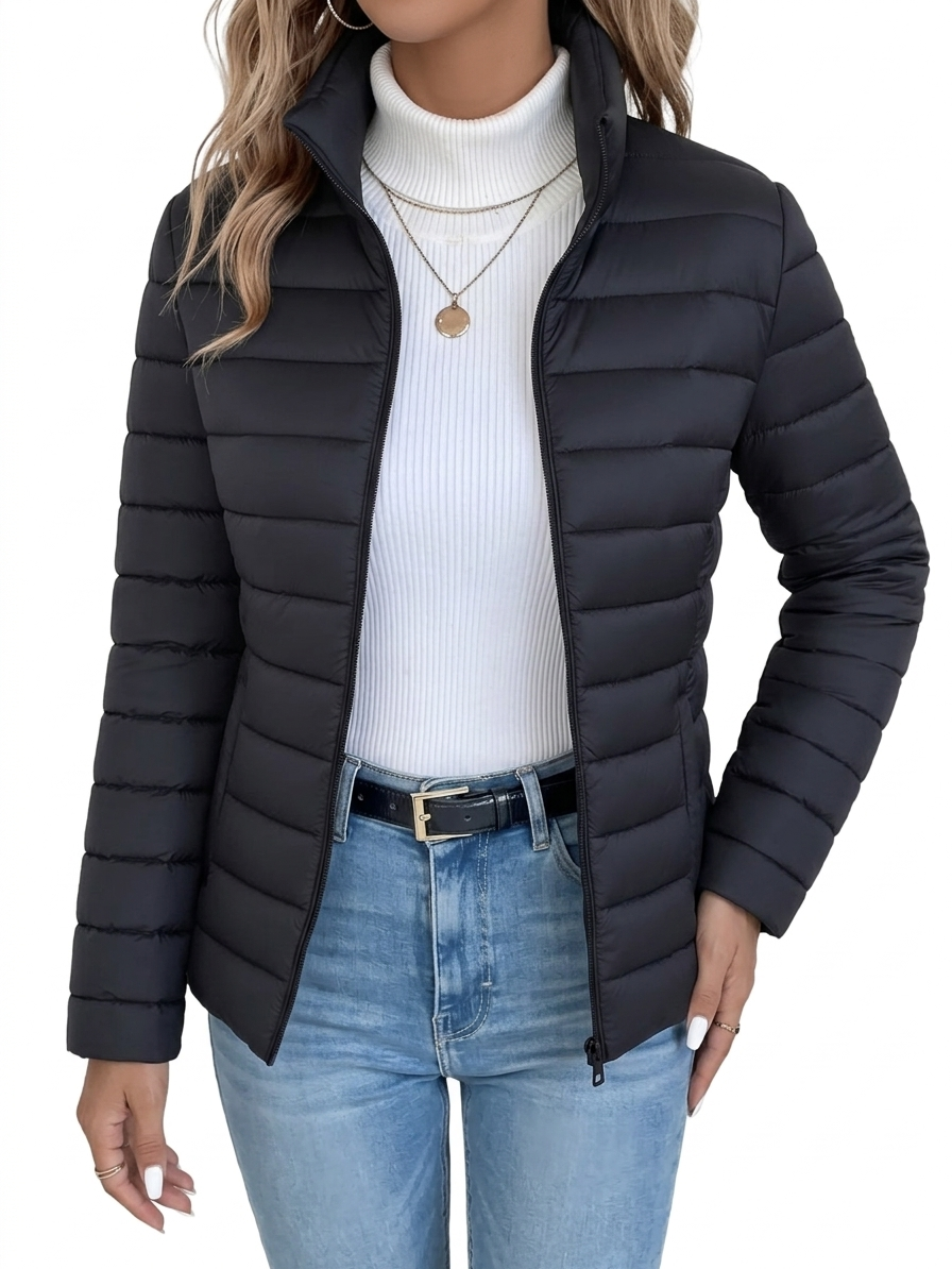 Renaetta - Quilted Stand Collar Zip Up Puffer Jacket