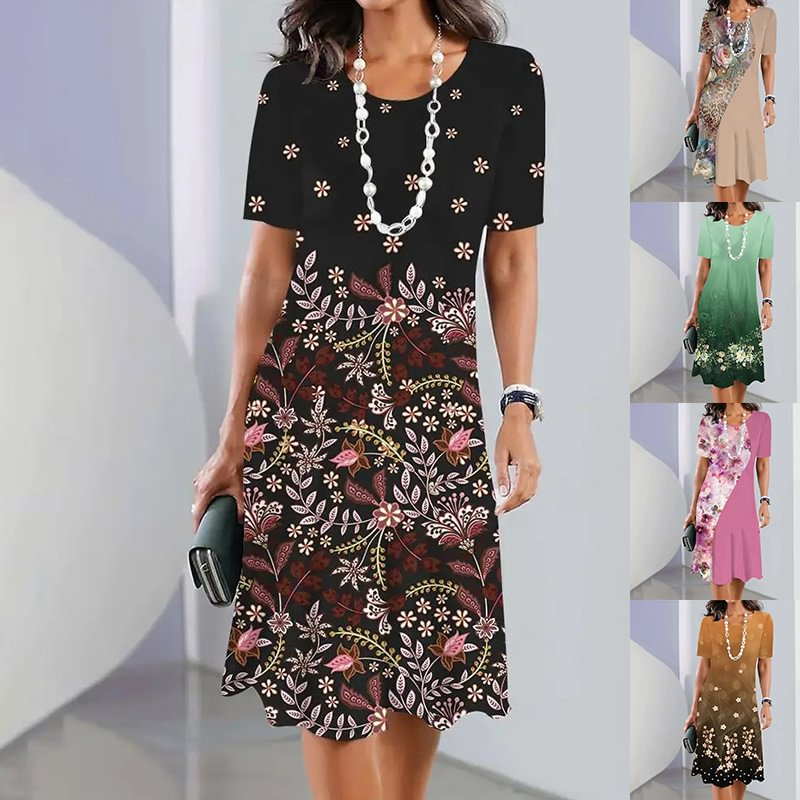 Ursulla - Elegant Round Neck Dress With a Floral Print