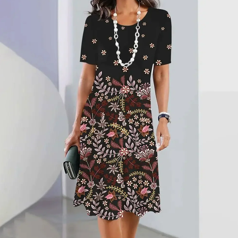 Ursulla - Elegant Round Neck Dress With a Floral Print