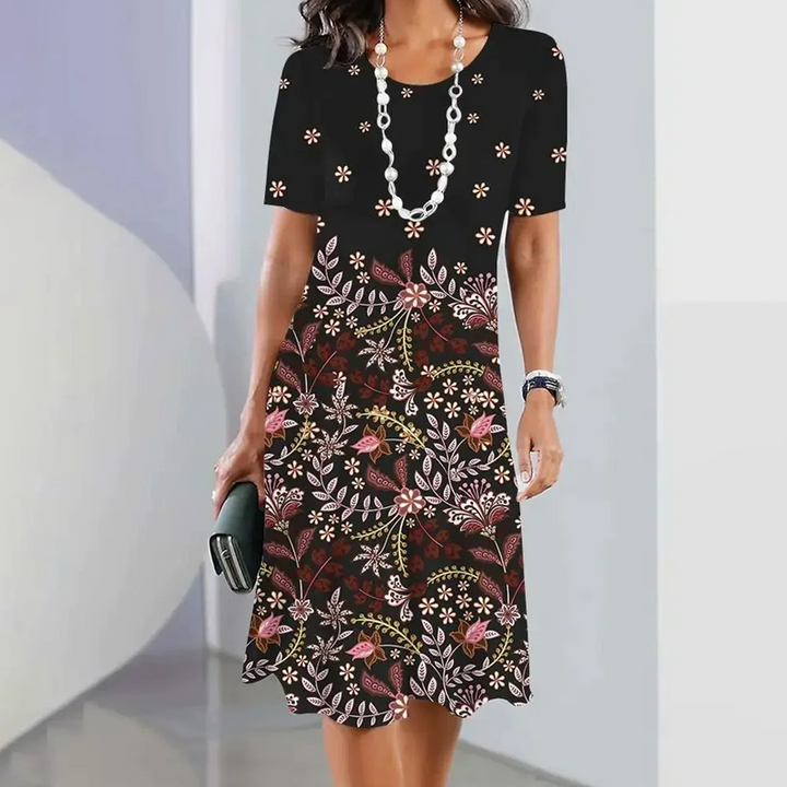 Ursulla - Elegant Round Neck Dress With a Floral Print