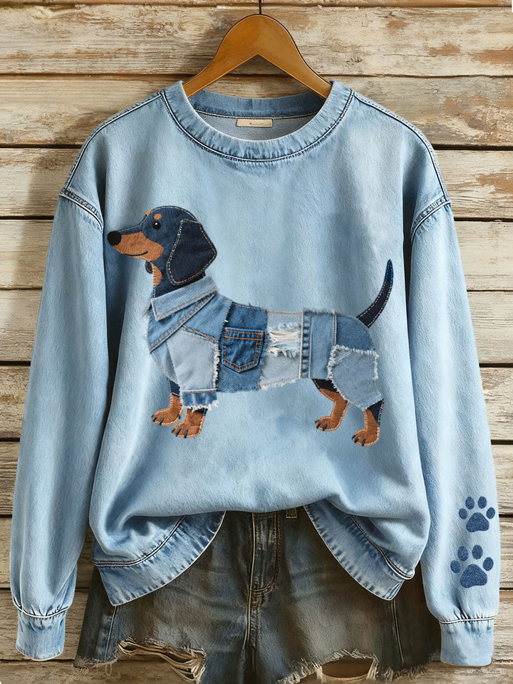 Celini - Denim Sweatshirt with Dachshund Motif