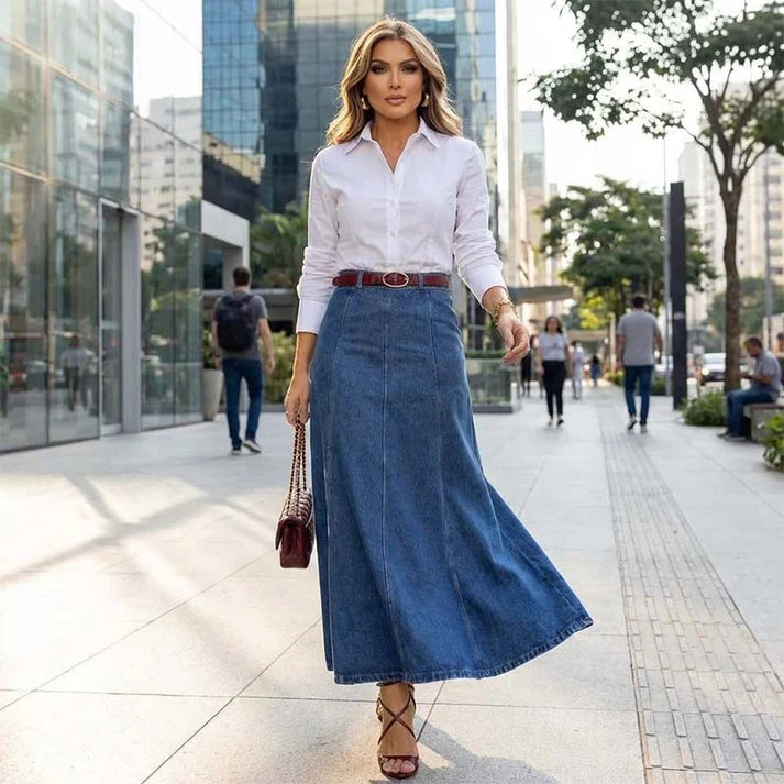 Bimansa - High Waisted A-line Denim Midi Skirt