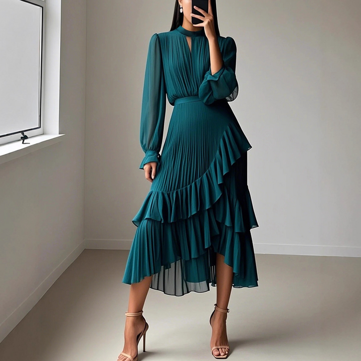 Daryna - Pleated Midi Dress With Keyhole Neckline