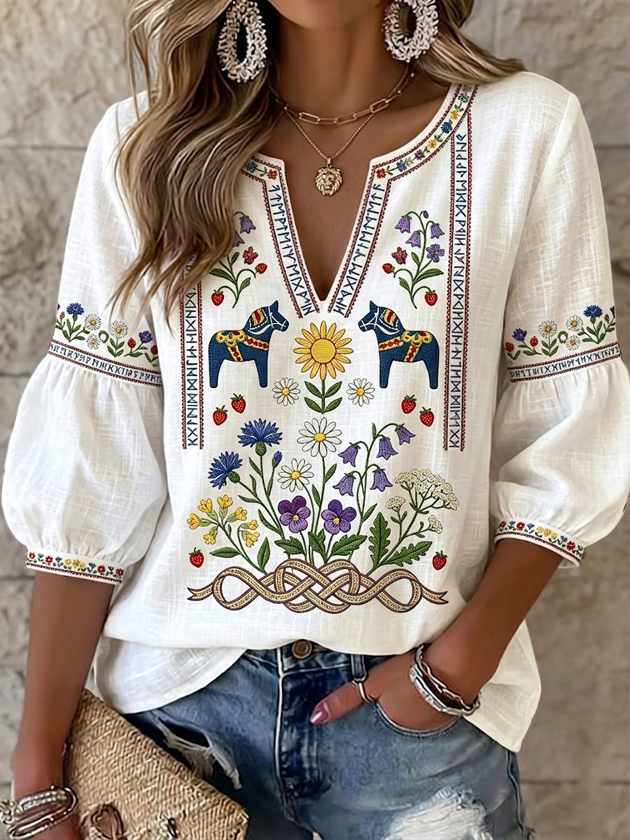 Nirilia - Vintage Style Floral V-Neck Top