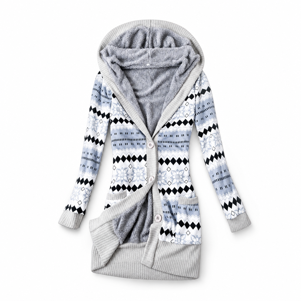 Lucris - Geometric Print Hooded Cardigan