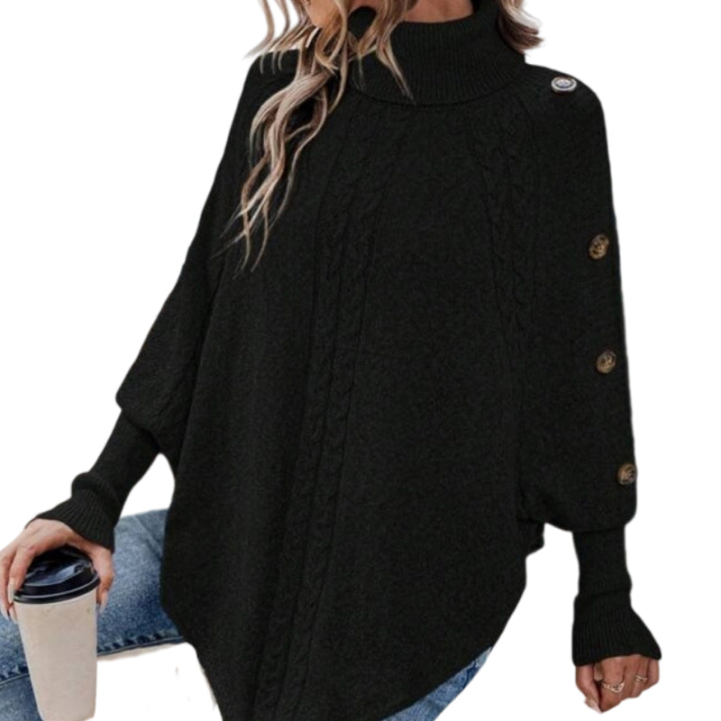 Marisois - Elegant High Neck Asymmetrical Hem Cape Sweater