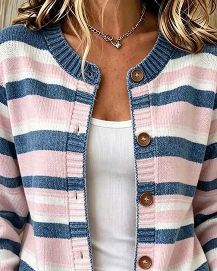Anneetina - Striped Crew Neck Single Breasted Cardigan